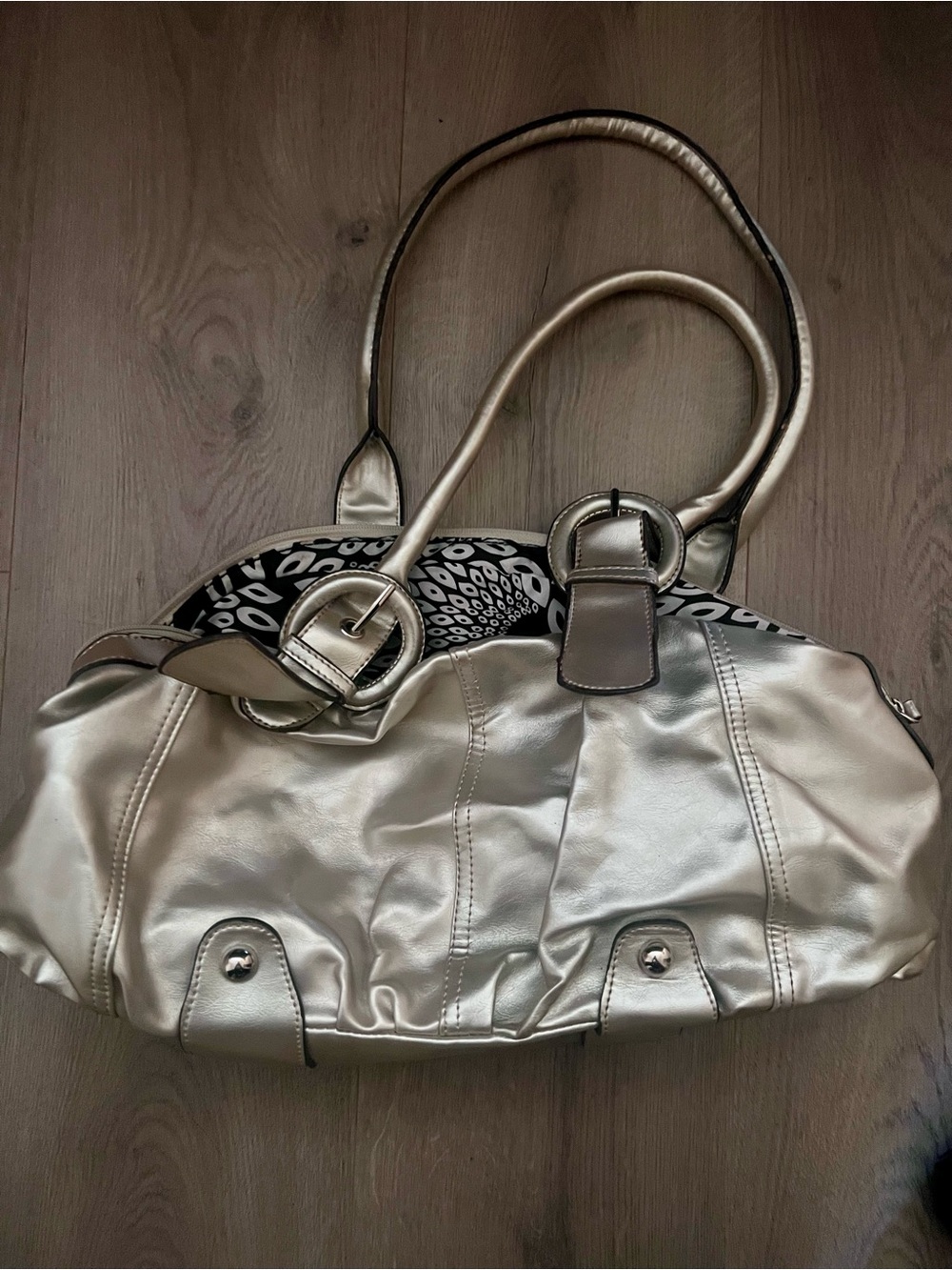 Emilie M Metallic Silver Shoulder Bag with Buckle Accent